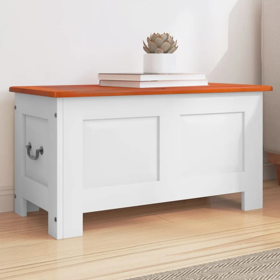 Coffre de rangement et couvercle marron et blanc bois d'acacia