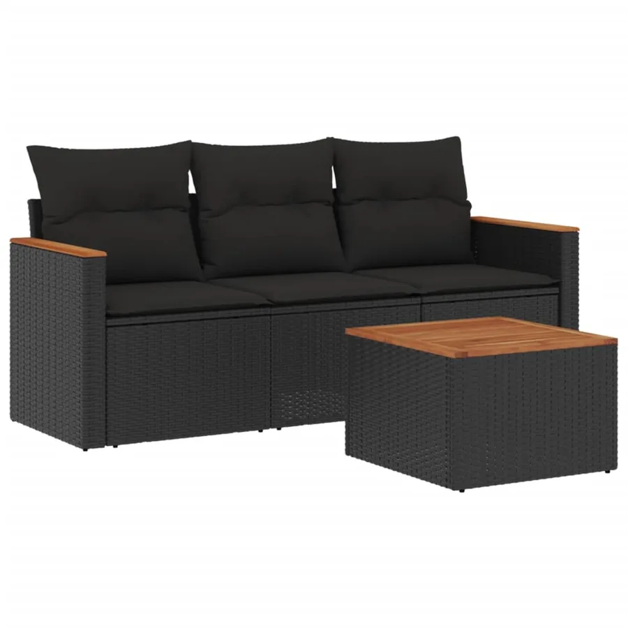 Salon de jardin 4 pcs avec coussins noir résine tressée - 2