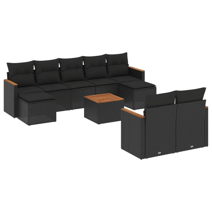 Salon de jardin 10 pcs avec coussins noir résine tressée - 2