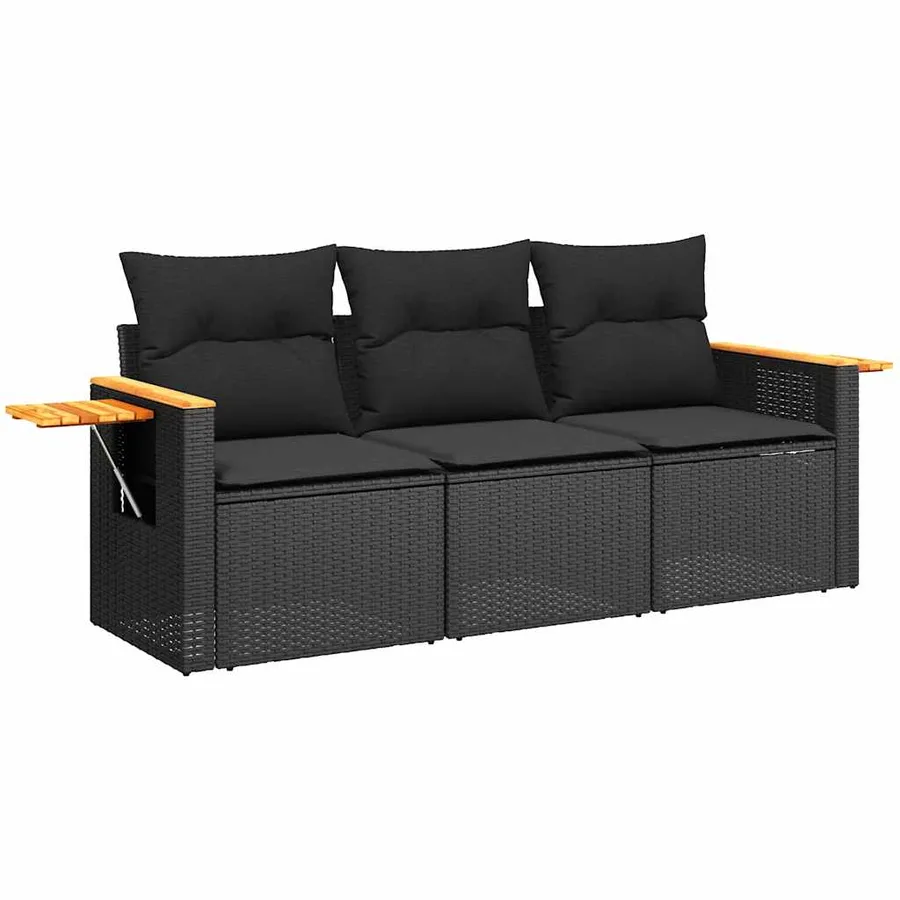 Salon de jardin 3 pcs avec coussins noir résine tressée - 2