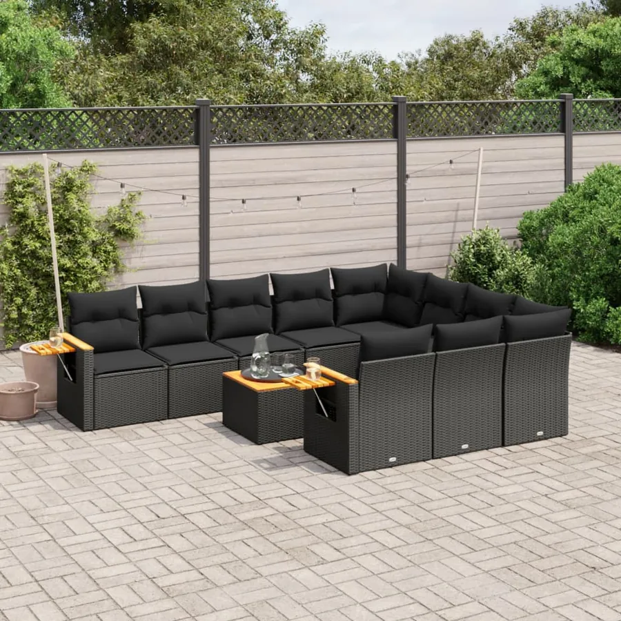Salon de jardin 11 pcs avec coussins noir résine tressée