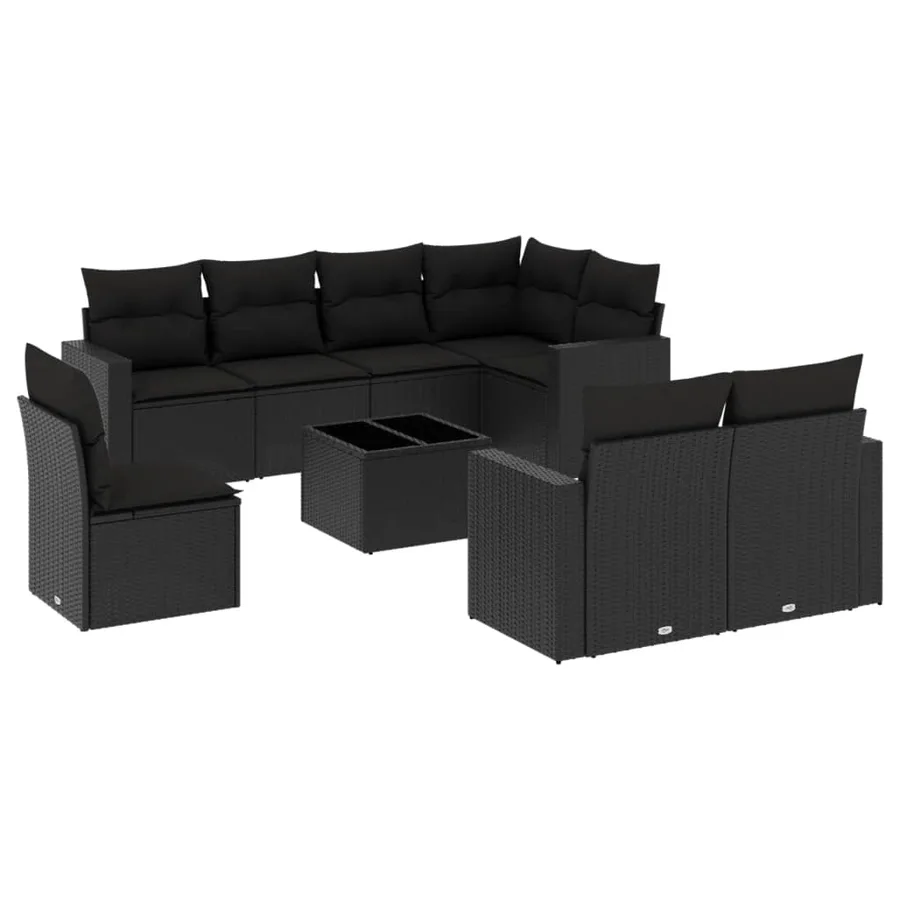 Salon de jardin 9 pcs avec coussins noir résine tressée - 2