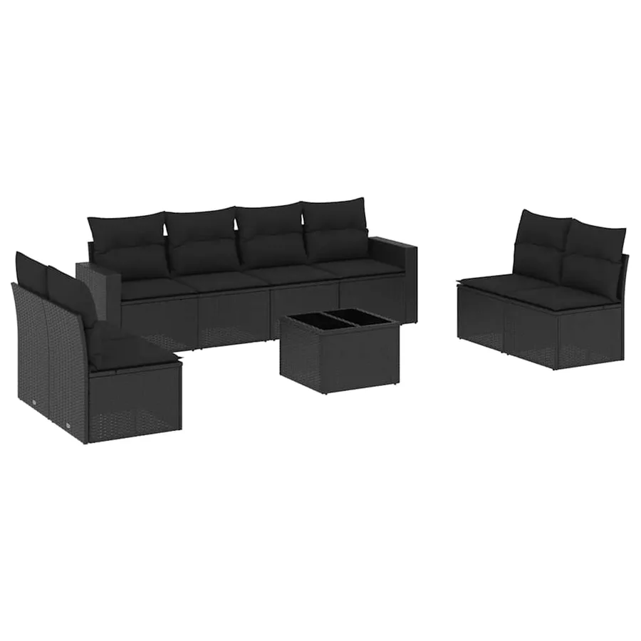 Salon de jardin 9 pcs avec coussins noir résine tressée - 2