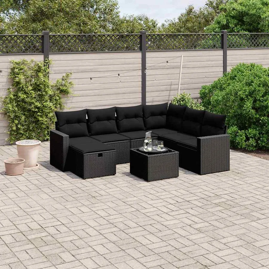 Salon de jardin 8 pcs avec coussins noir résine tressée