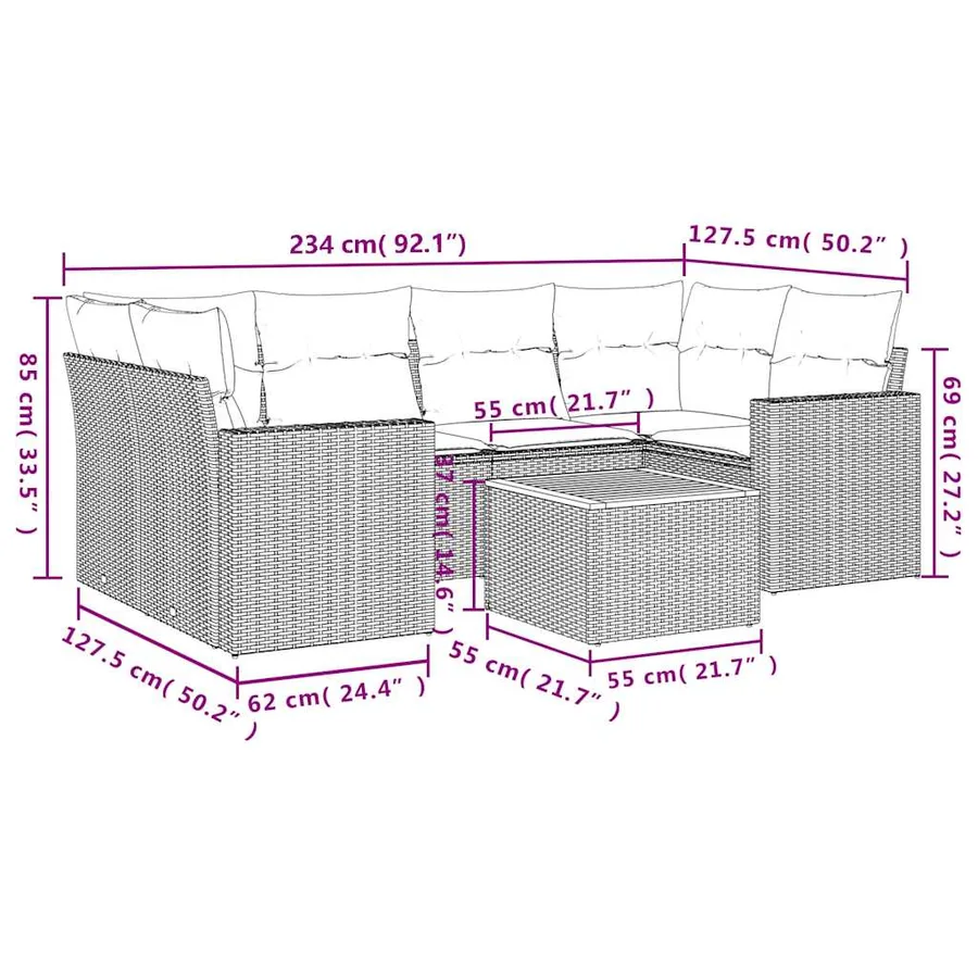 Salon de jardin 7 pcs avec coussins noir résine tressée 65,5 x 62 x 69 cm - 58,3 kg - 3