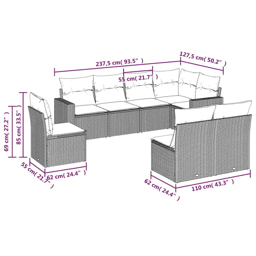 Salon de jardin 8 pcs avec coussins noir résine tressée - 3