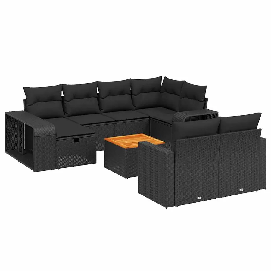 Salon de jardin 11 pcs avec coussins noir résine tressée - 2
