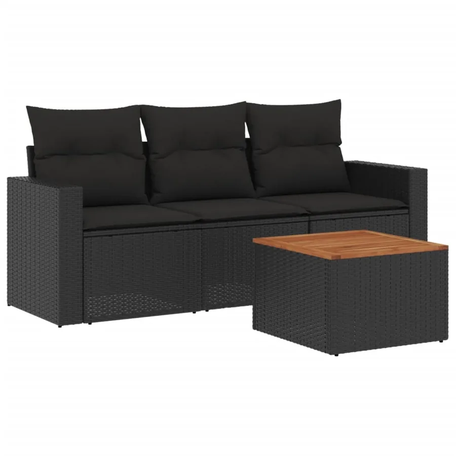 Salon de jardin 4 pcs avec coussins noir résine tressée - 2