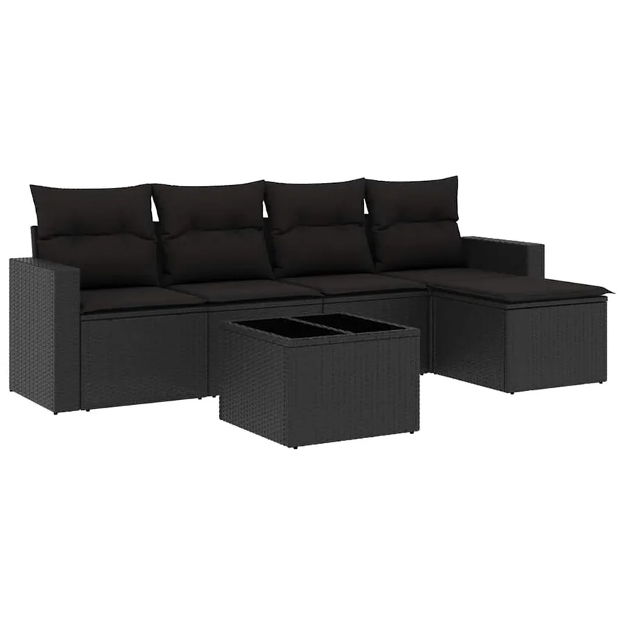 Salon de jardin 6 pcs avec coussins noir résine tressée - 2