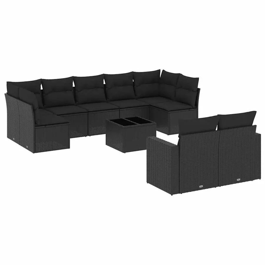 Salon de jardin 10 pcs avec coussins noir résine tressée - 2