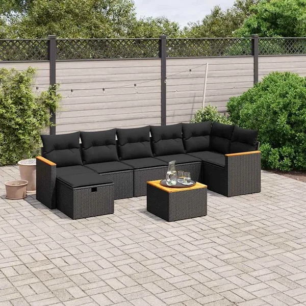 Salon de jardin 8 pcs avec coussins noir résine tressée