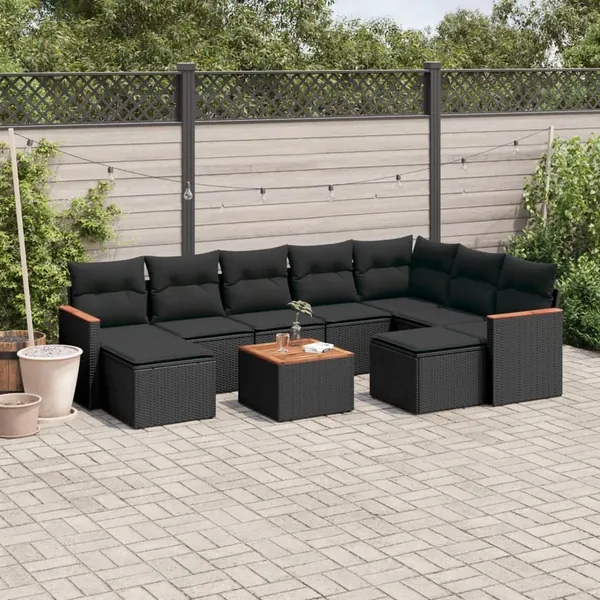 Salon de jardin 10 pcs avec coussins noir résine tressée
