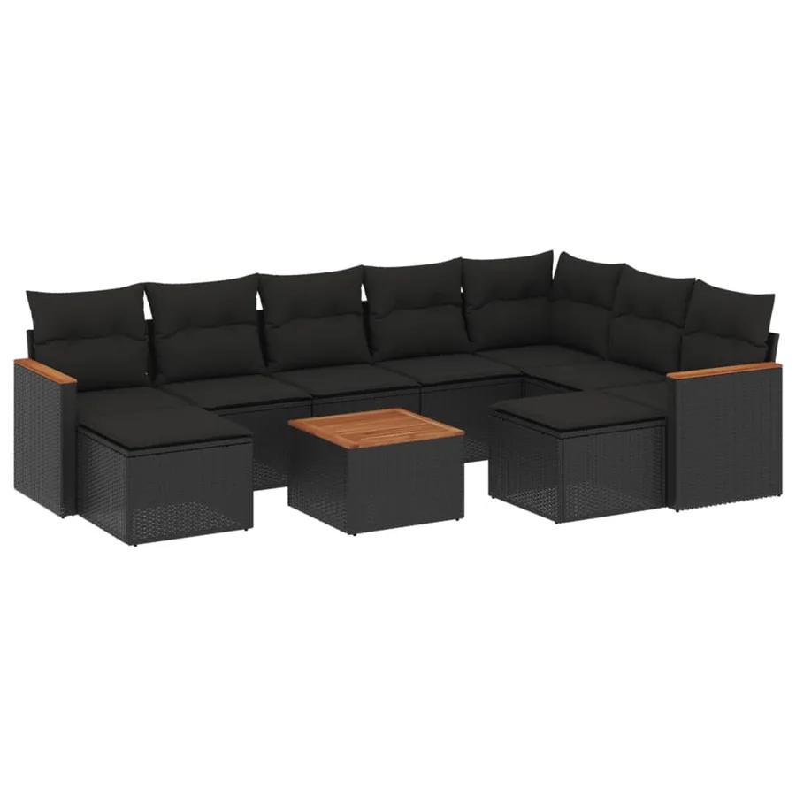 Salon de jardin 10 pcs avec coussins noir résine tressée - 2
