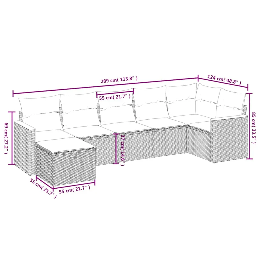 Salon de jardin 7 pcs avec coussins noir résine tressée 62 x 62 x 69 cm - 54,7 kg - 3