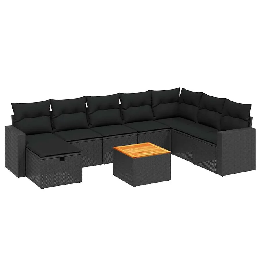 Salon de jardin 9 pcs avec coussins noir résine tressée - 2