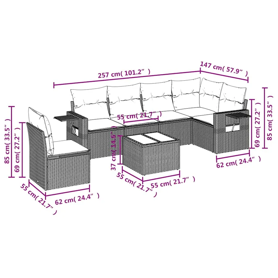 Salon de jardin 7 pcs avec coussins noir résine tressée 62 x 62 x 69 cm - 56,7 kg - 9