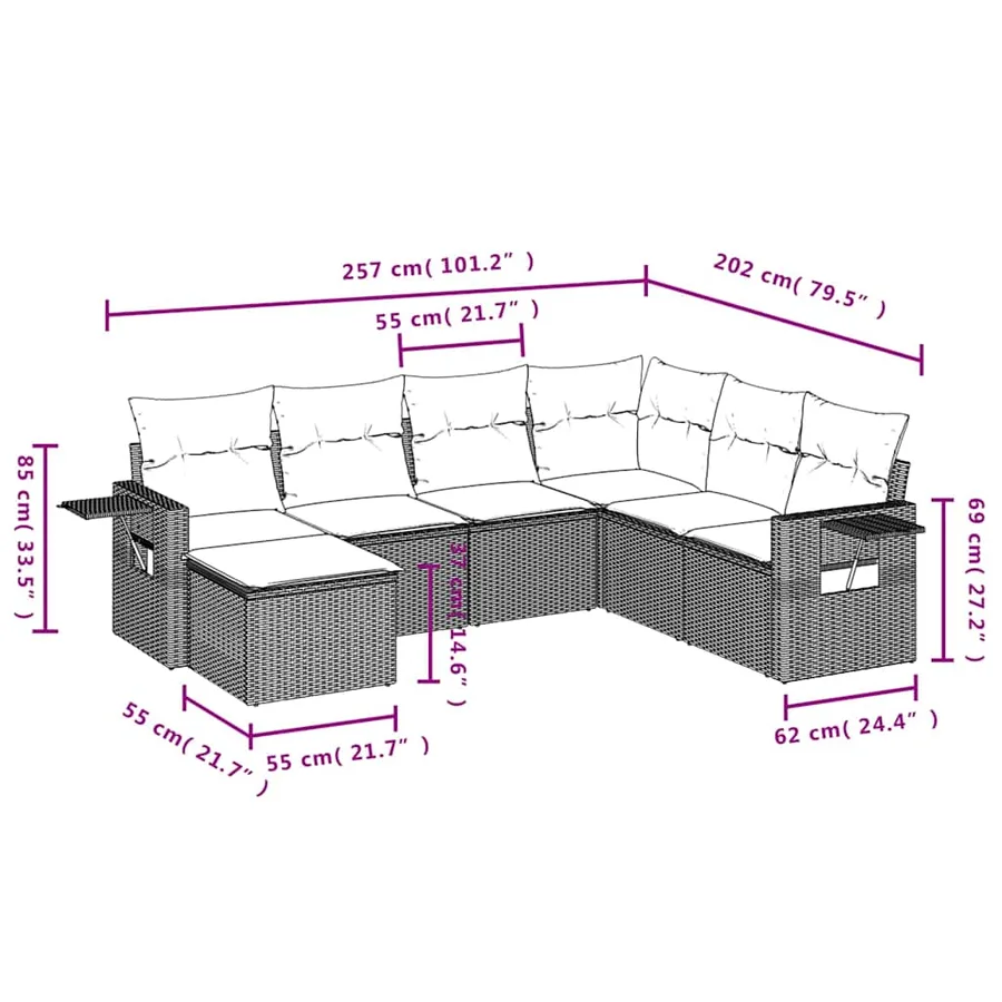 Salon de jardin 7 pcs avec coussins noir résine tressée 62 x 62 x 69 cm - 54,7 kg - 9