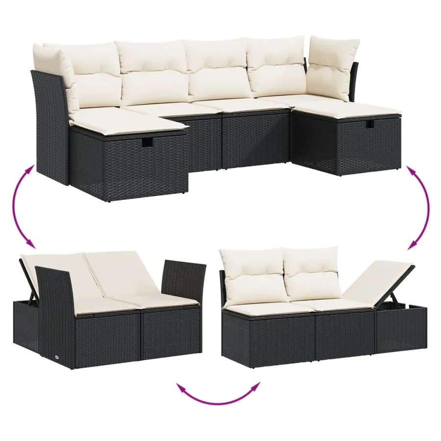Salon de jardin 6 pcs avec coussins noir résine tressée - 3