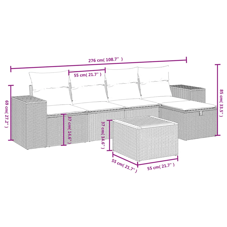 Salon de jardin 6 pcs avec coussins noir résine tressée - 4
