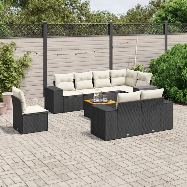 Salon de jardin 9 pcs avec coussins noir résine tressée