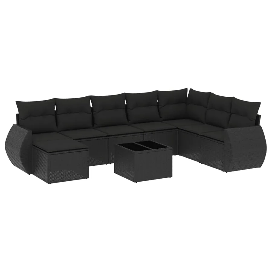 Salon de jardin 9 pcs avec coussins noir résine tressée - 2