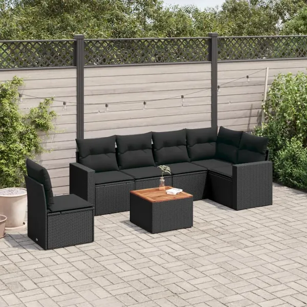 Salon de jardin 7 pcs avec coussins noir résine tressée 62 x 62 x 69 cm - 59,2 kg