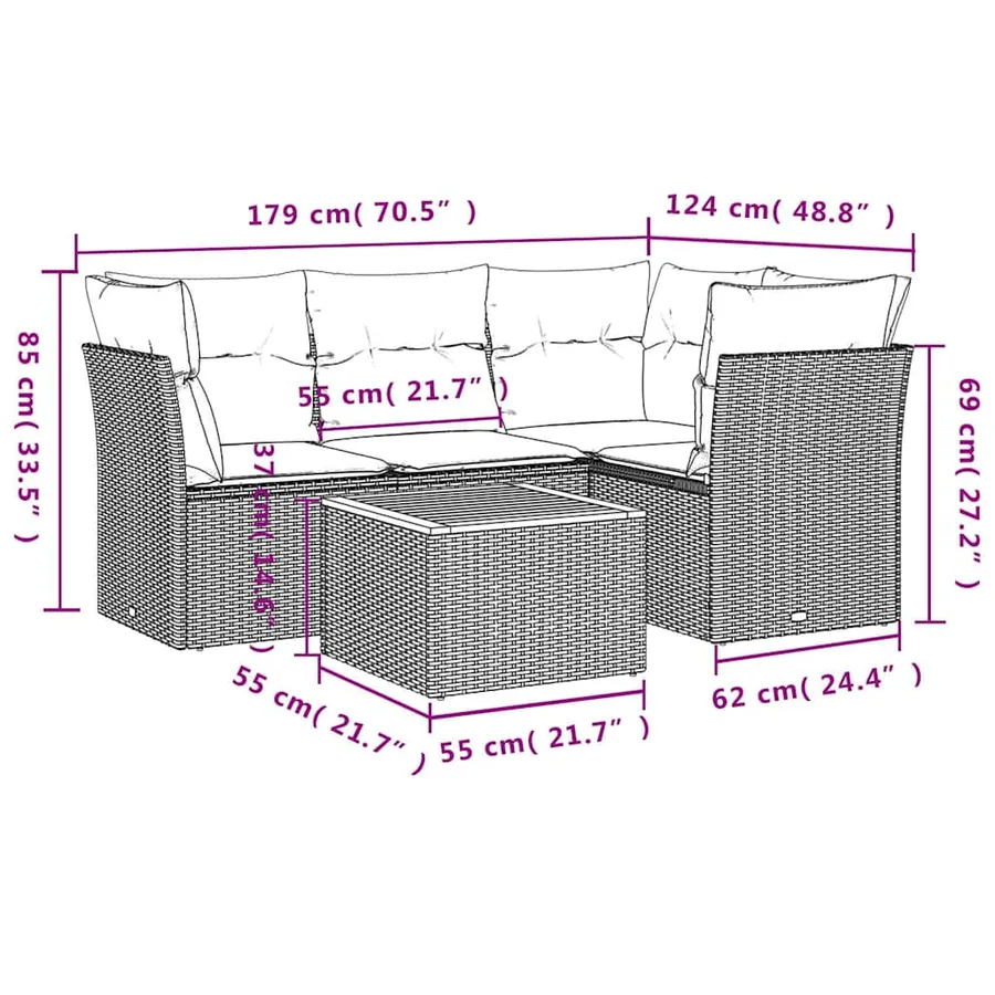 Salon de jardin 5 pcs avec coussins noir résine tressée - 10