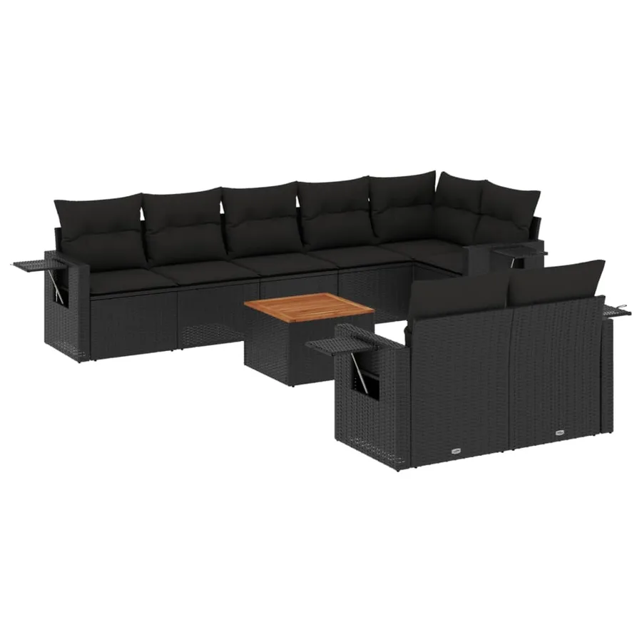 Salon de jardin 9 pcs avec coussins noir résine tressée - 2