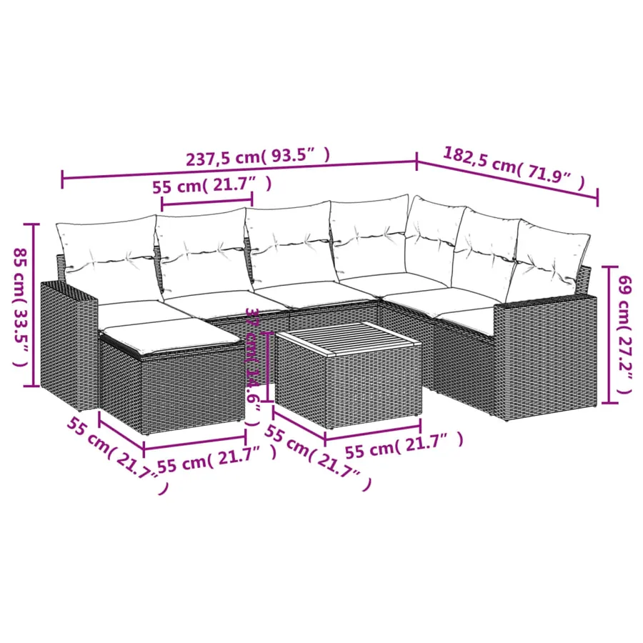 Salon de jardin 8 pcs avec coussins noir résine tressée - 14