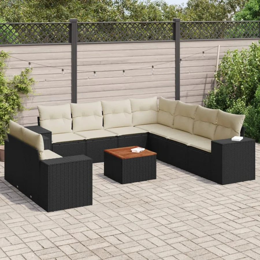 Salon de jardin 10 pcs avec coussins noir résine tressée