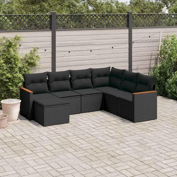 Salon de jardin 7 pcs avec coussins noir résine tressée 62 x 62 x 69 cm - 59,2 kg