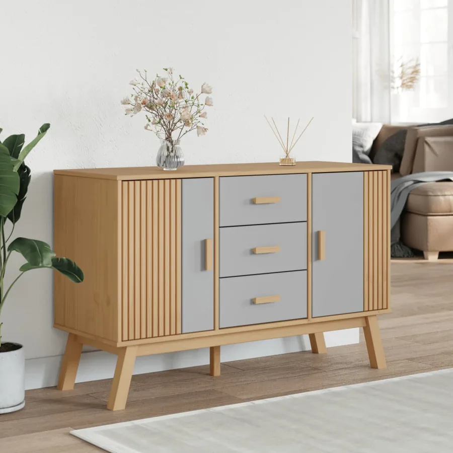 Buffet OLDEN gris et marron 114x43x73,5 cm bois massif de pin - 3