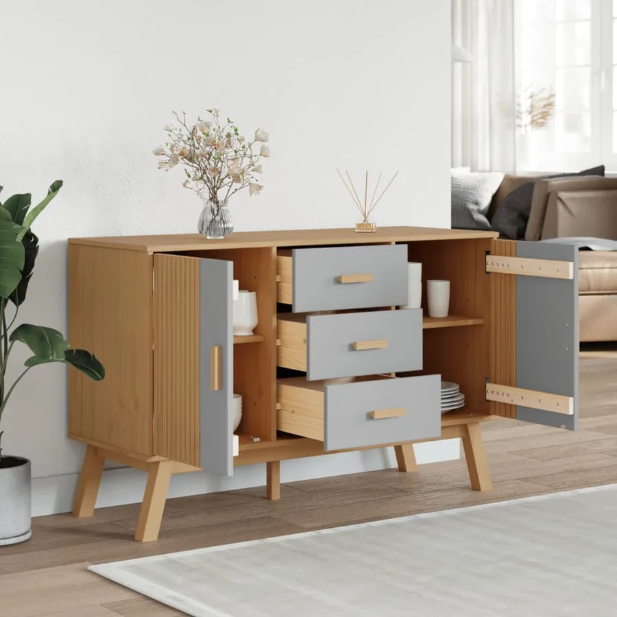 Buffet OLDEN gris et marron 114x43x73,5 cm bois massif de pin - 4