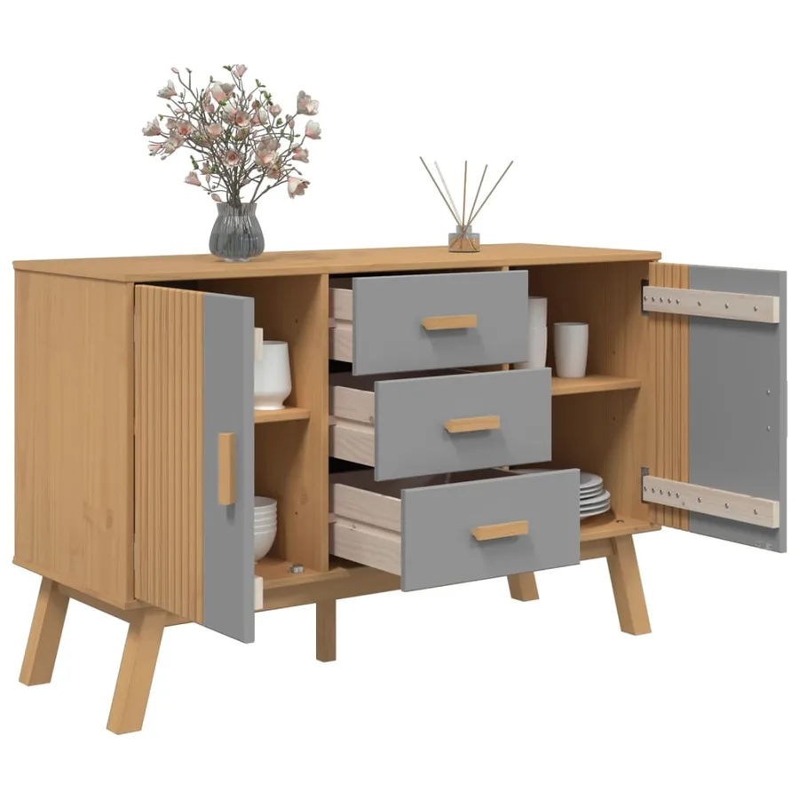Buffet OLDEN gris et marron 114x43x73,5 cm bois massif de pin - 6