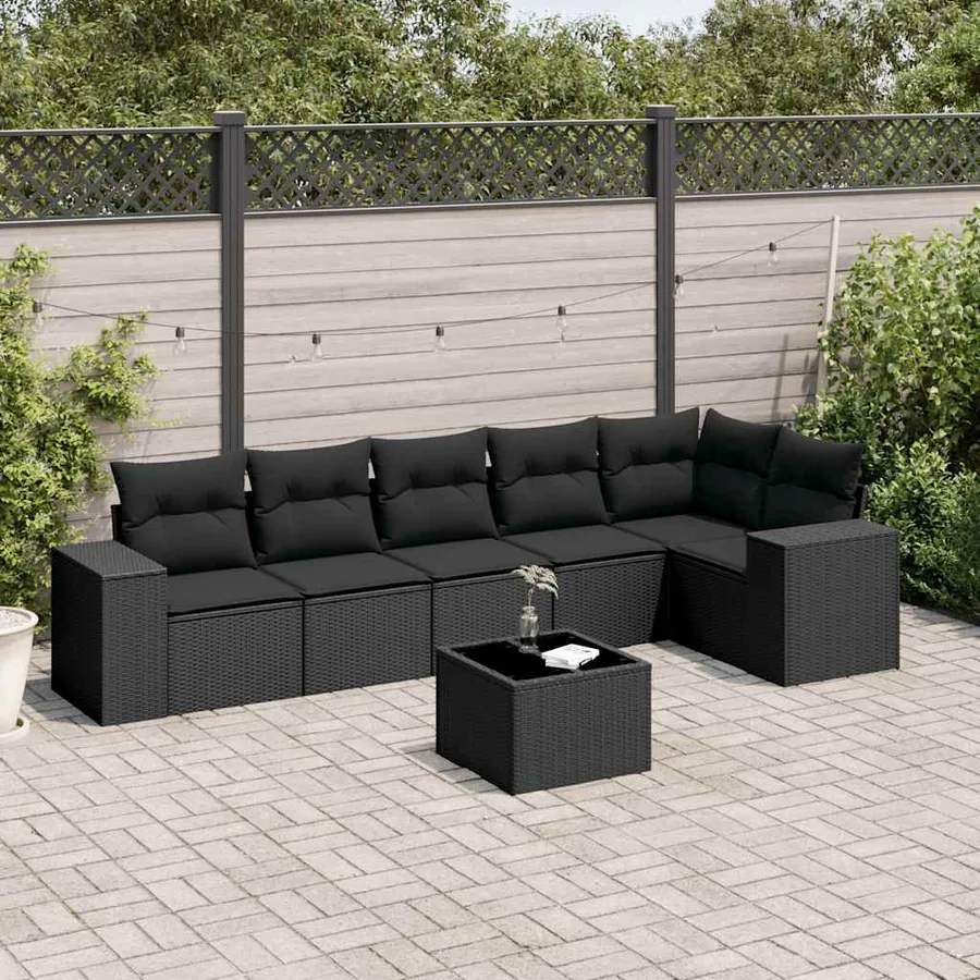 Salon de jardin 7 pcs avec coussins noir résine tressée 62 x 62 x 69 cm - 58,9 kg
