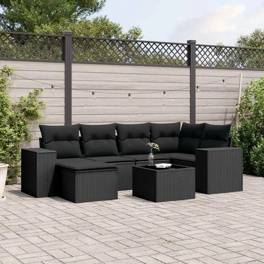 Salon de jardin 7 pcs avec coussins noir résine tressée 62 x 62 x 69 cm - 59,8 kg