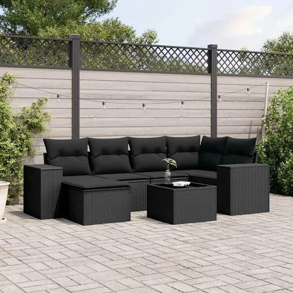 Salon de jardin 7 pcs avec coussins noir résine tressée 62 x 62 x 69 cm - 59,8 kg