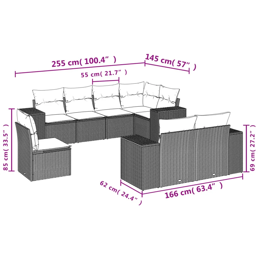 Salon de jardin 8 pcs avec coussins gris résine tressée - 7
