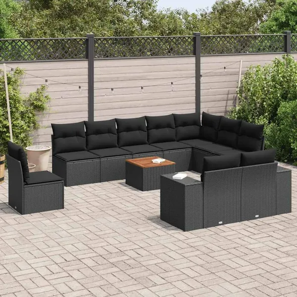 Salon de jardin 11 pcs avec coussins noir résine tressée