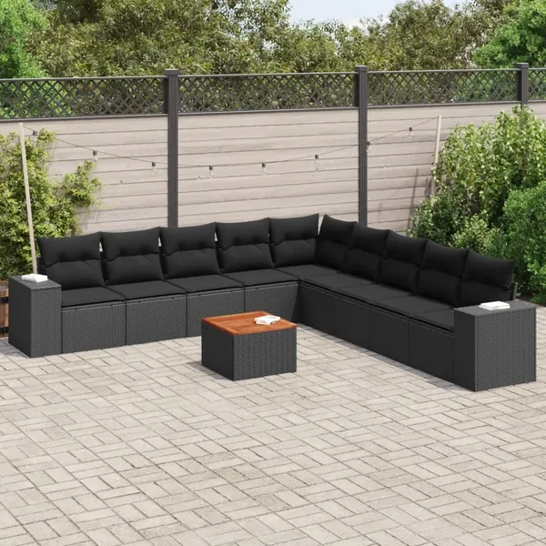 Salon de jardin 10 pcs avec coussins noir résine tressée