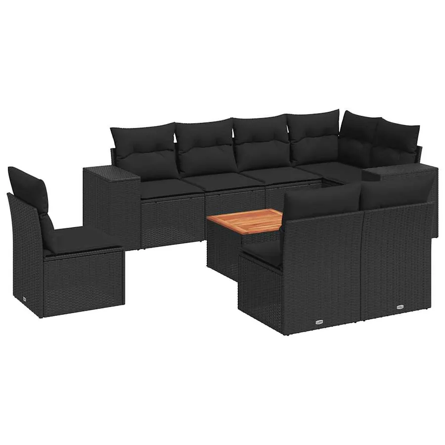 Salon de jardin 9 pcs avec coussins noir résine tressée - 2