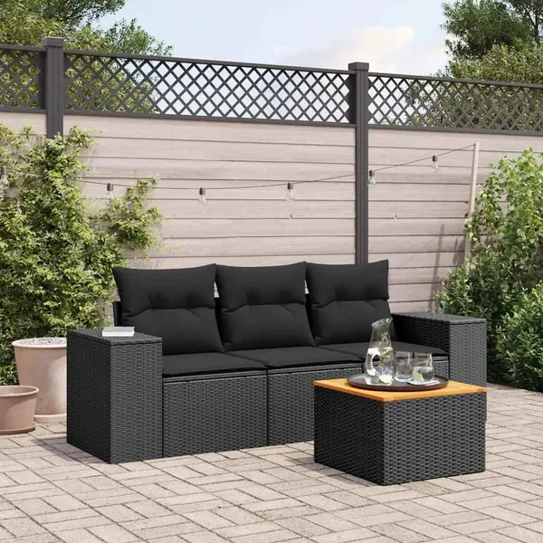 Salon de jardin 4 pcs avec coussins noir résine tressée
