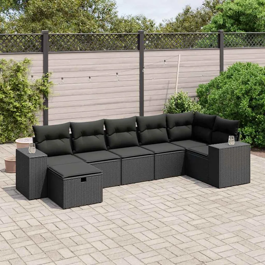 Salon de jardin 7 pcs avec coussins noir résine tressée 62 x 62 x 69 cm - 57,5 kg