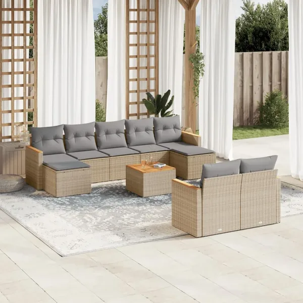 Salon de jardin et coussins 10 pcs mélange beige résine tressée