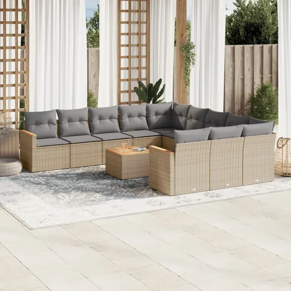 Salon de jardin et coussins 12 pcs mélange beige résine tressée
