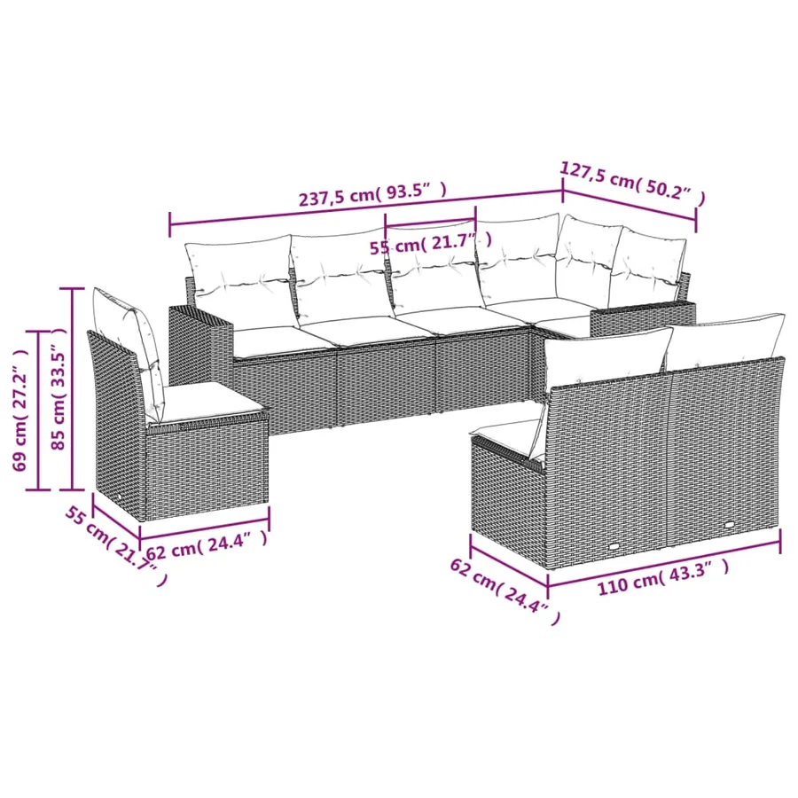 Salon de jardin 8 pcs avec coussins gris résine tressée - 3