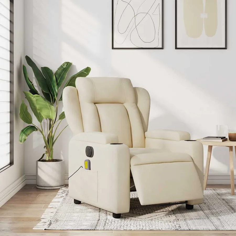 Fauteuil inclinable de massage électrique crème tissu - 14