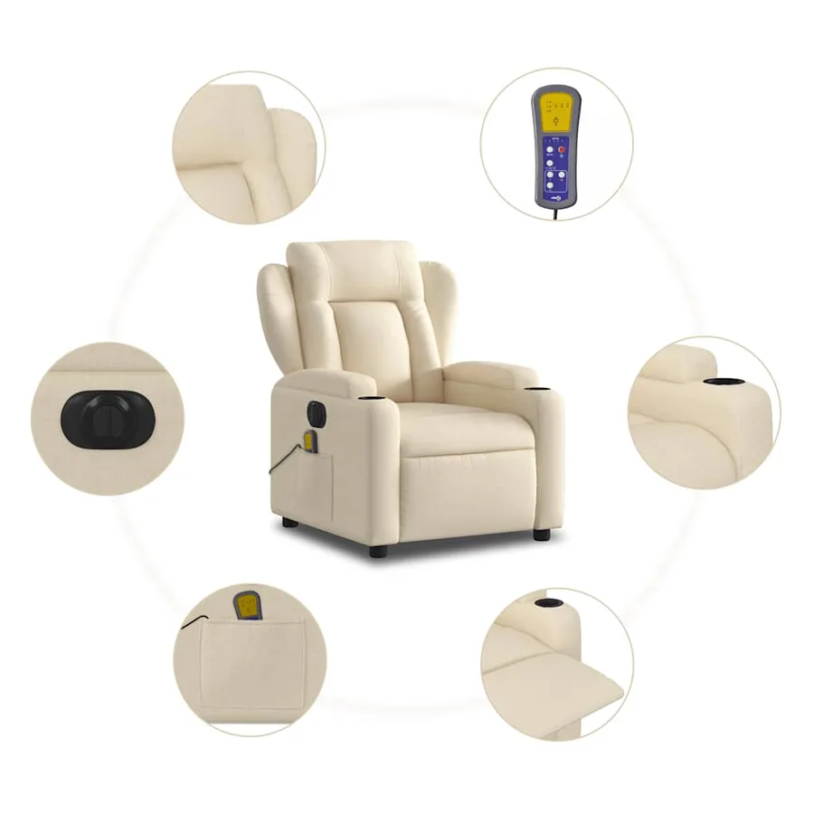 Fauteuil inclinable de massage électrique crème tissu - 7