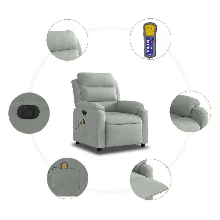 Fauteuil inclinable électrique de massage gris clair velours - 8