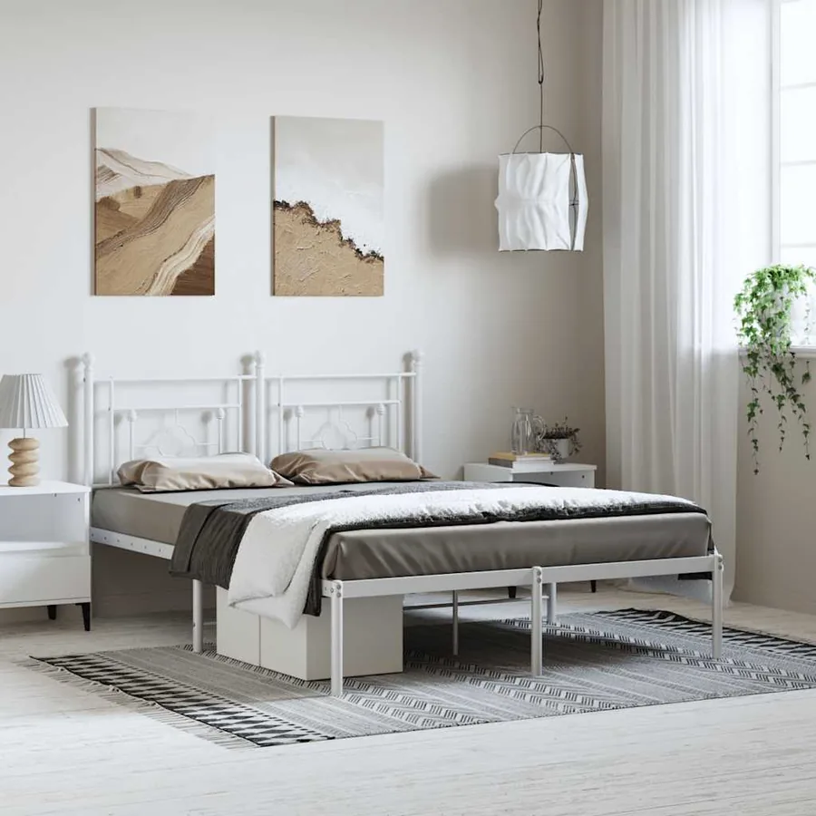 Cadre de lit métal sans matelas et tête de lit blanc 150x200 cm